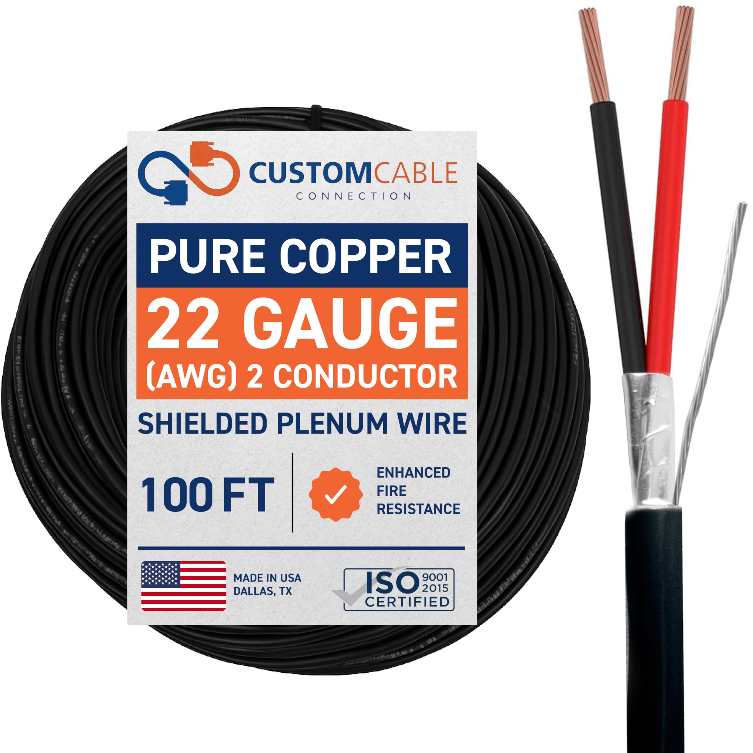 Photo 1 of 22 Gauge Wire (22 AWG) - 2 Conductor Stranded Copper Shielded Cable - UL Listed 22/2 Home Electrical Wire - Low Voltage Up to 300V - CL3P Fire-Rated Plenum Jacket - USA Made (100ft - Black)