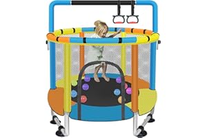 SZBOB Toddler Trampoline for Kids Ages 1-8, 55'' Small Trampoline with Safety Enclosure Net & Adjustable Gymnastics Bar, Indoor & Outdoor Baby Mini Trampolines, Birthday Gifts for Children & Boys & Girls