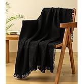Vitalizart Black Throw Blanket for Couch Sofa Bed Waffle Knit Fringe 50" x 60" Lightweight Blankets & Throws for Home Living Room Farmhouse Decor Boho Cotton Weave