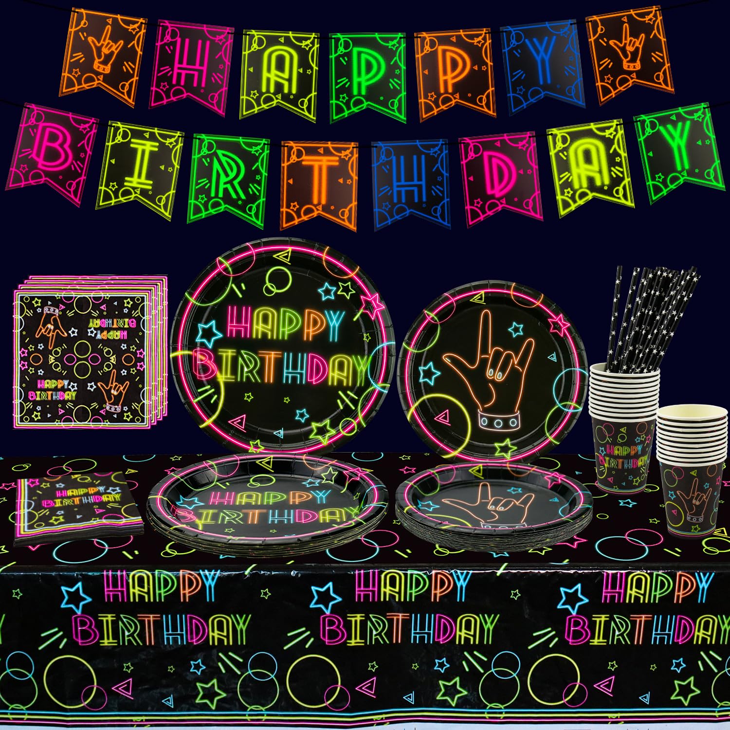 Glow Neon Party Supplies - Glow in the Dark Theme Happy Birthday Banner, Plates, Napkins, Cup, Tablecloth, and Paper Straws for Blacklight Neon Party Decorations, Serves 20 Guests