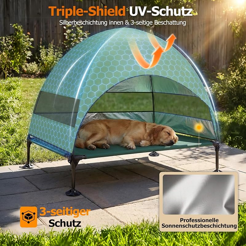 Erhöhtes Hundebett Outdoor mit UV-beständiges Dach，Hundeliege Klappbar mit Anti-Rutsch-Füßen, Hundezelt Outdoor mit Großem Schatten, Kühlendes ErhöHtes Hunde Bett für Camping, Garten (Grüner, L)