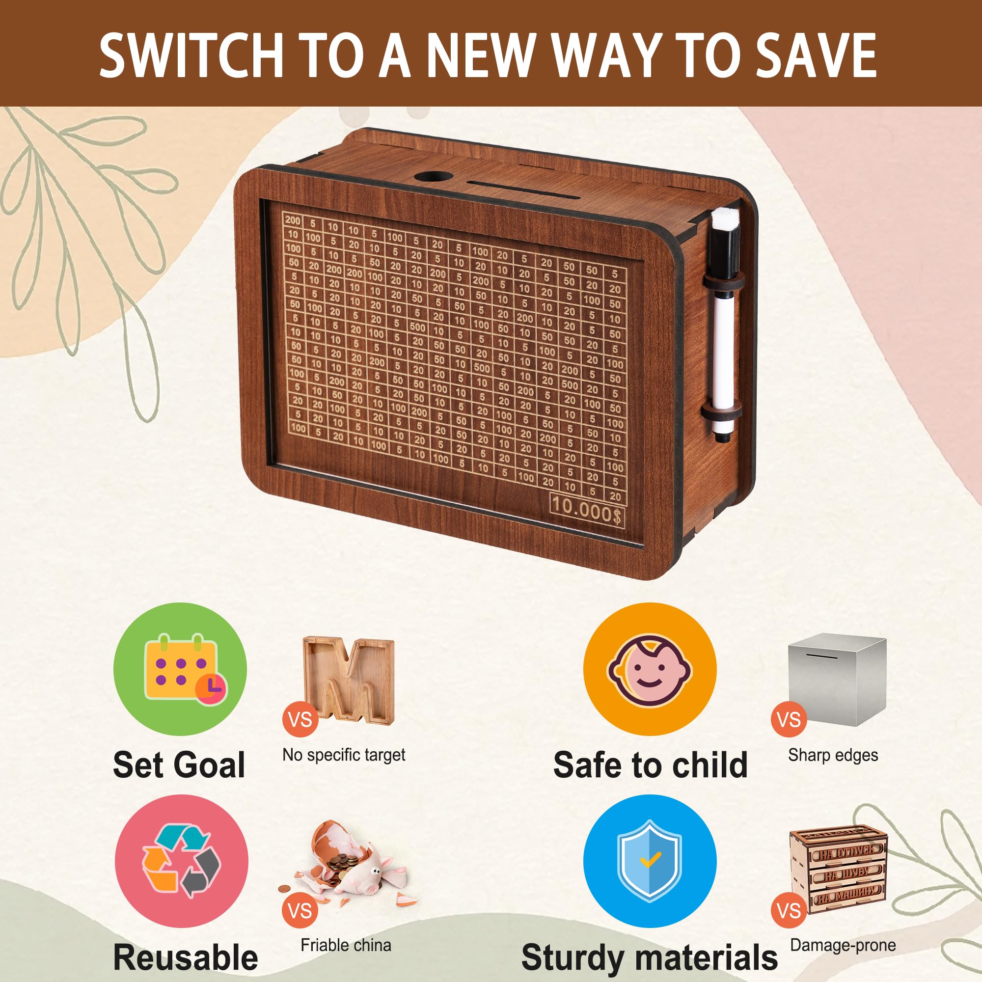 Wooden Cash Money Saving Box,Piggy Bank for Kids & Adults,10000 Savings Challenge Box,Coin Bank Toys Gift for 3-12 Year Old Boys & Girls (10000 Dollar)