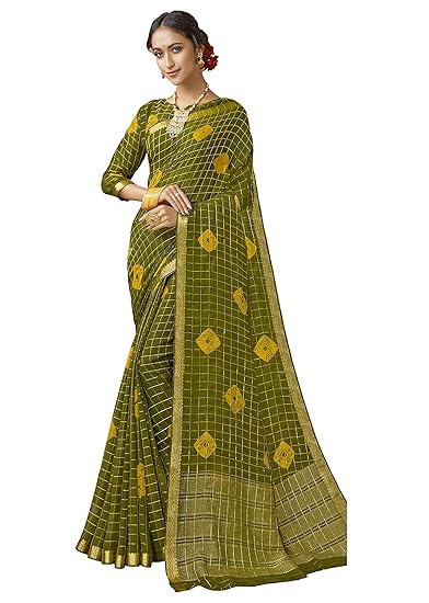 Womens Green Checks Chiffon Saree With Woven Border And Double Blouse Material_RKRGLILY1042B