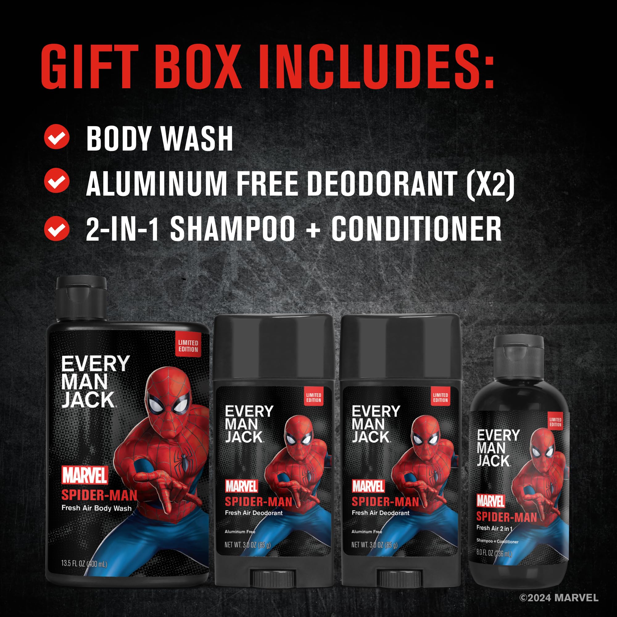 Every Man Jack Spider-Man Body Set - Perfect for Every Guy & Marvel-Lover - Bath and Body Marvel Gift Set with Clean Ingredients & Incredible Scents - Includes Body Wash, Shampoo & Deodorant 2-Pack