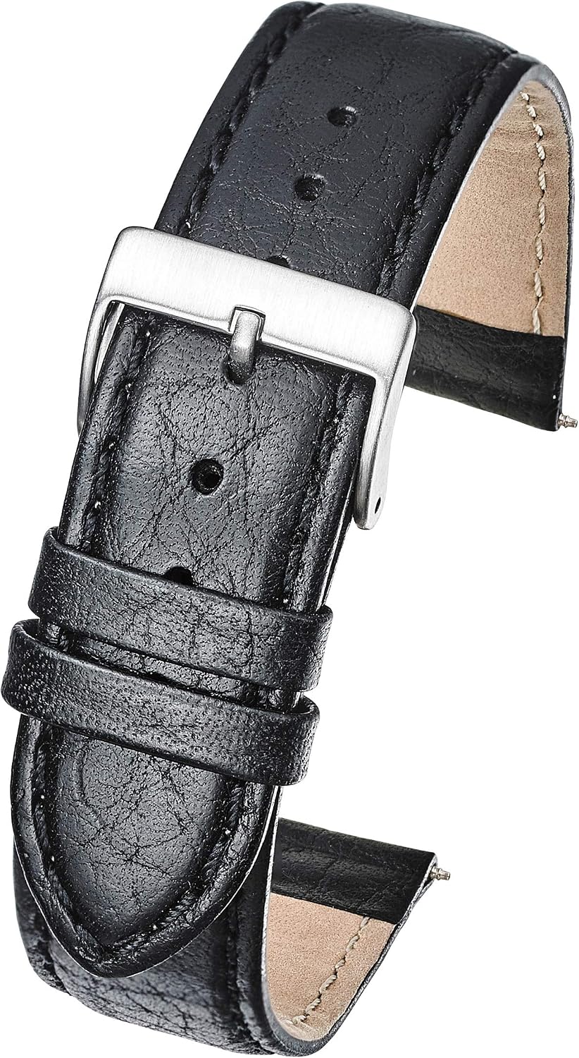 ALPINE INTERNATIONAL Soft Stitched Semi Padded Genuine Leather Buffalo Grain Watch Strap in Extra Long length for Wider Wrists ONLY- Black