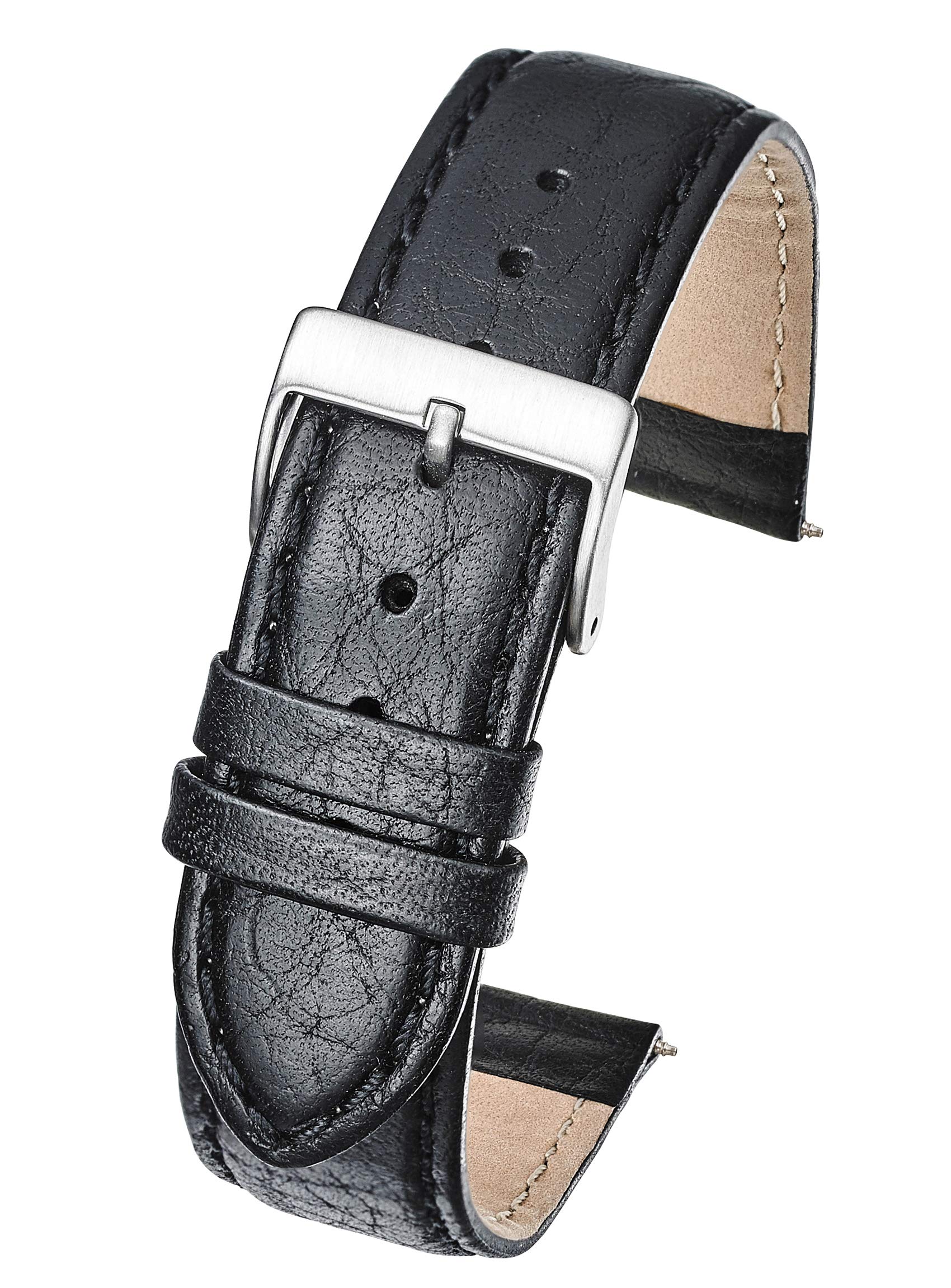 ALPINE INTERNATIONAL Soft Stitched Semi Padded Genuine Leather Buffalo Grain Watch Strap in Extra Long length for Wider Wrists ONLY- Black - 18 mm (Watch Band fits Wrist Sizes 7 1/2 to 9 inch)