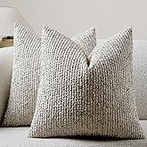 DEZENE Striped Throw Pillow Covers 18x18 Set of 2 Cream Grey Textured Boucle Chic Morden Boho Accent Farmhouse Square Decorative Couch Pillow Covers for Home Decor Bed Sofa Living Room