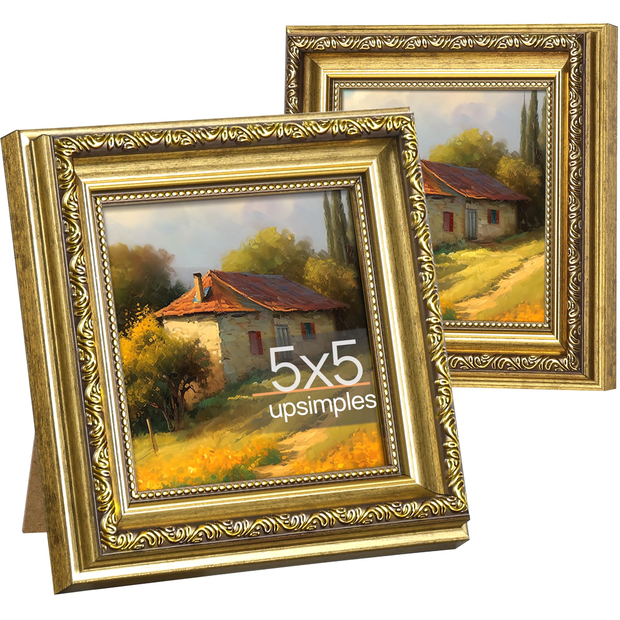 upsimples 5x5 Picture Frame with Real Glass, Ornate Vintage 5 x 5 Photo Frames for Wall Decor or Tabletop Display, Gold, 2 Pack