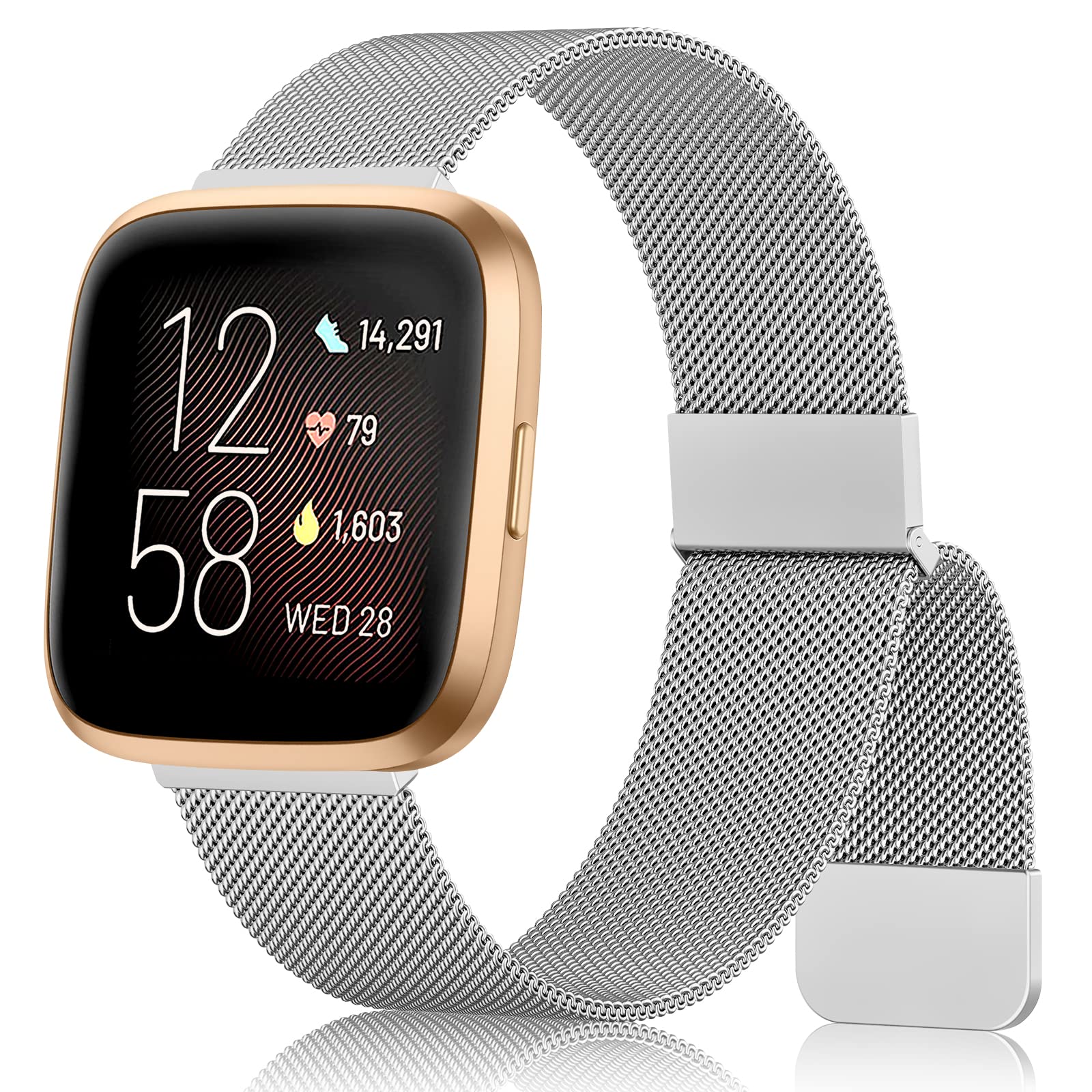 Amzpas Strap Compatible With Fitbit Versa 2/Lite - Stainless Steel Metal Bracelet for Women With Enhanced Magnet (Silver)