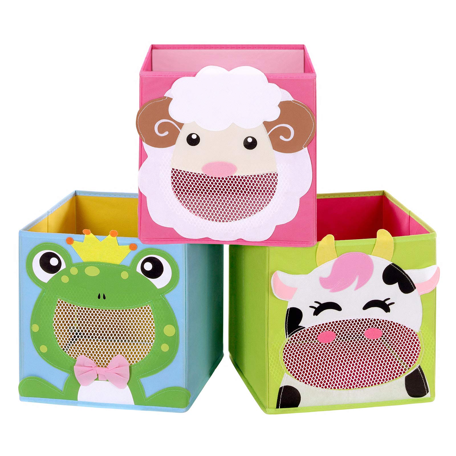 SONGMICS Storage Boxes, Set of 3, Toy Organisers, Foldable Storage Bins, Cubes, for Kid’s Room, Playroom, 27 x 27 x 27 cm, Animal Theme, Blue, Green and Pink RFB01PG