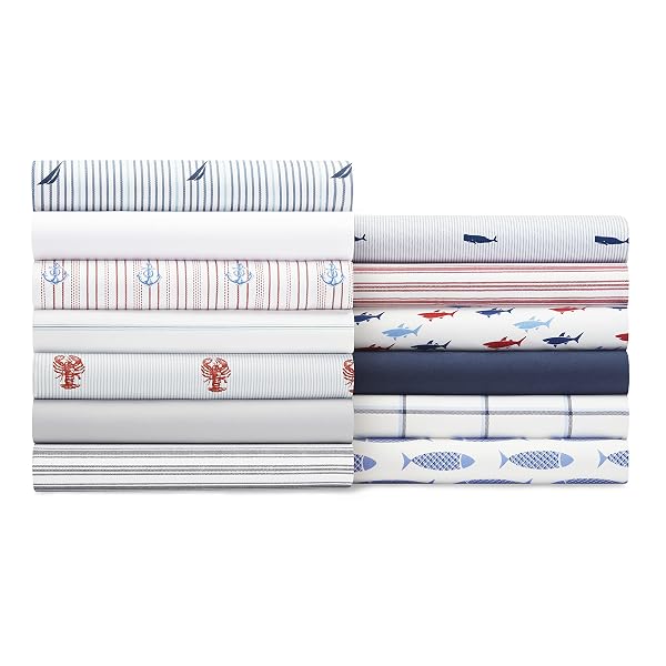 NAUTICA – KING SHEET SET, COTTON PERCALE BEDDING SET, CRISP & COOL, STYLISH HOME DECOR (WOODBLOCK FISH BLUE, KING)