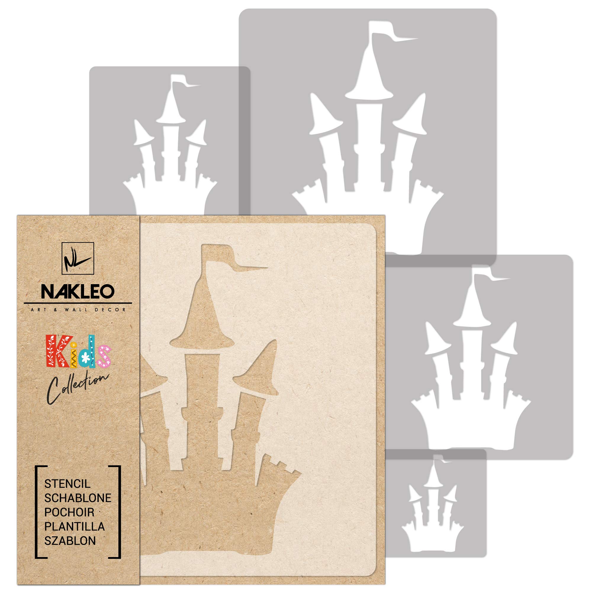 NAKLEO Painting Stencils Set for Nursery Room, 5 Pcs Templates 9x9 to 34x34cm Castle Chateau Fortress, Plastic and Reusable Drawing Stencils, Decor, Craft DIY Wall Furniture