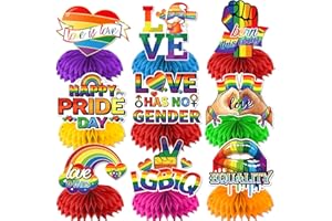 BISWITER Pride Table Decorations, 9 Pcs Happy Pride Month Honeycomb Centerpieces for Tables, 3D Double Sided Rainbow Party Centerpiece, Love is Love Table Decorations for Rainbow Theme Party Supplies