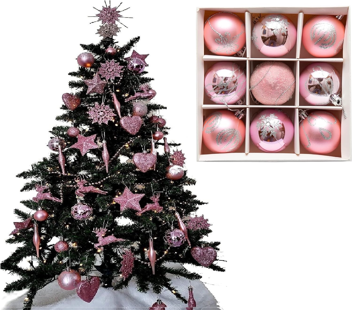 UKDD® Set of 9 Premium Baubles Luxury Christmas Tree Bauble Decorations Matte, Glitter, shiny Baubles (Blush)