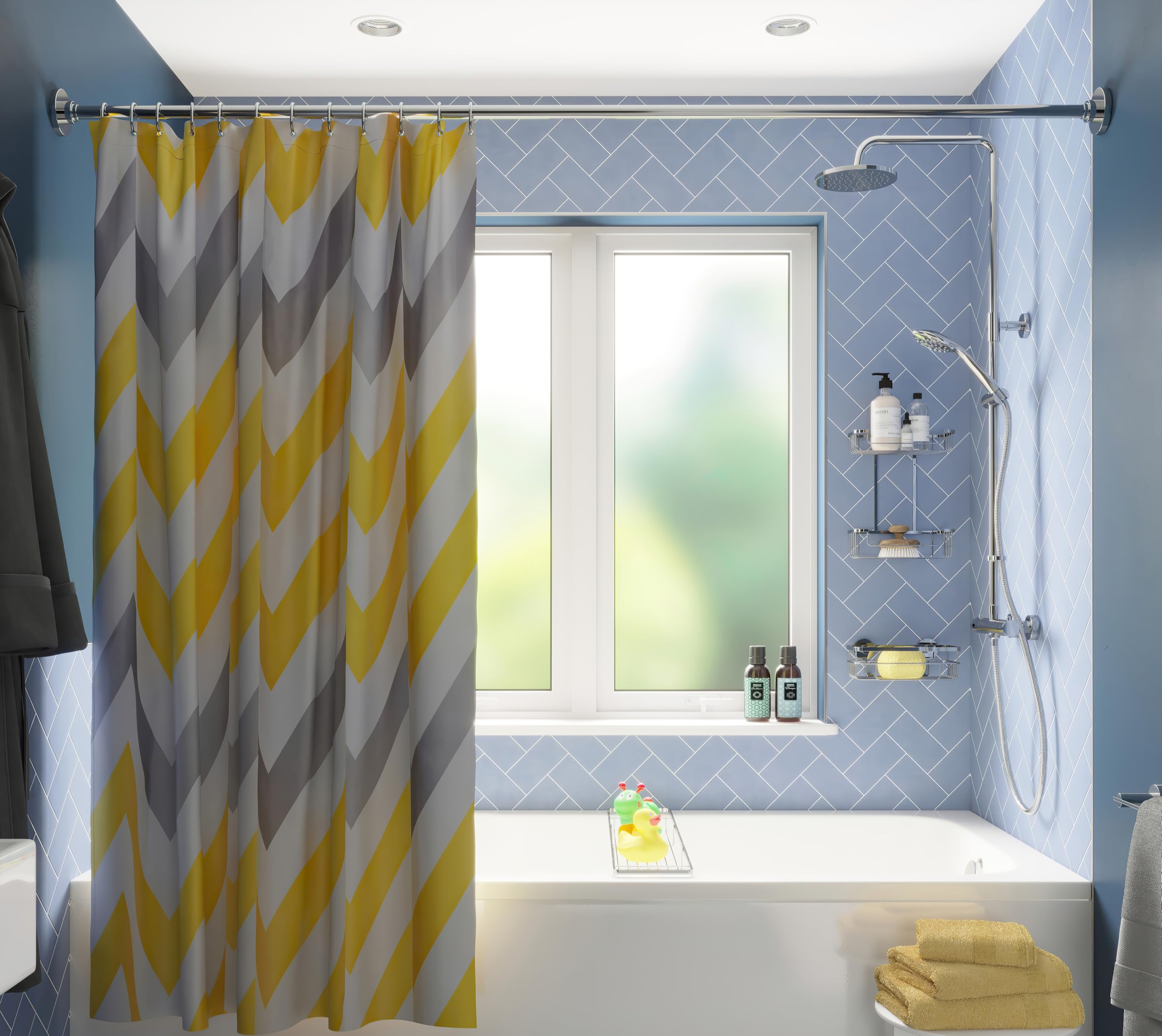 Croydex Yellow & Grey Chevron Textile Shower Curtain with Hygiene 'N' Clean, 1 x 180 x 180 cm
