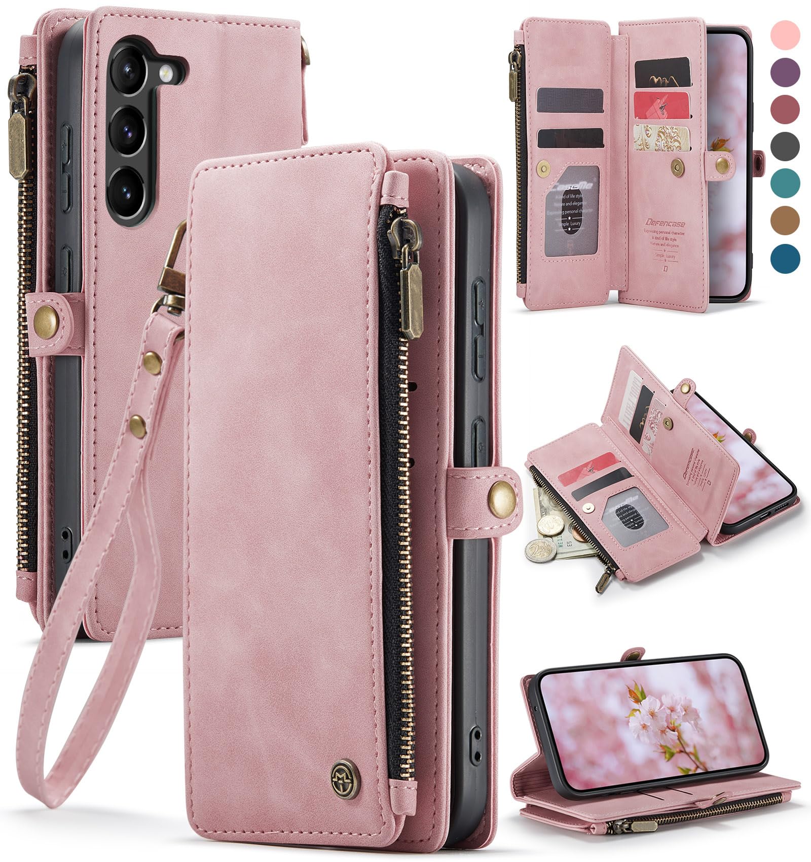 Photo 1 of Defencase Compatible with Samsung Galaxy S23 Case Wallet with RFID Blocking Card Holder for Women Men, PU Leather Magnetic Snap Flip Zipper Strap Wallet Phone Case Fit for Galaxy S23 5G 6.1", Pink