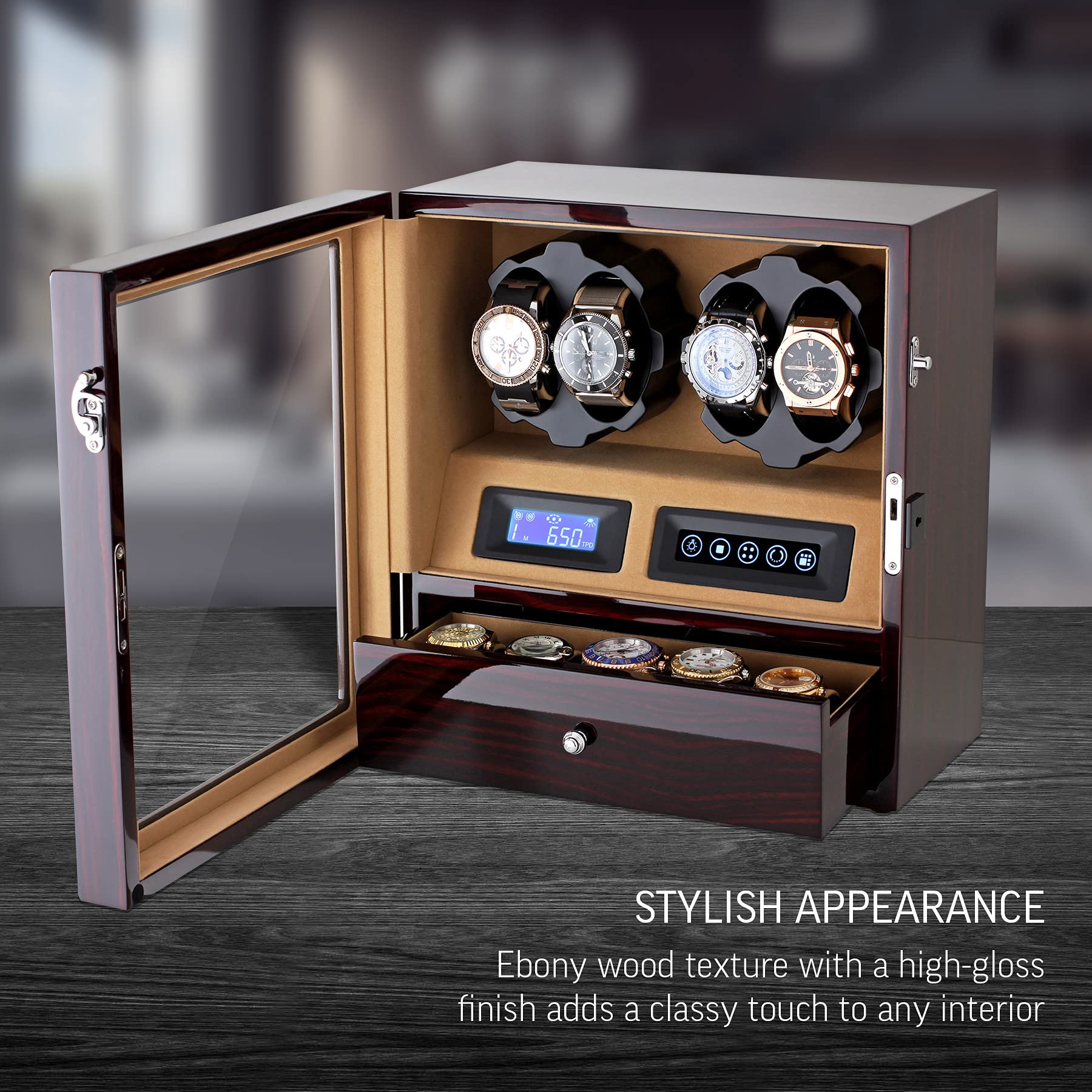Leader WATCH WINDERS 4 Watch Winder with 5 Watch Storage Space, LCD Display, Touch Control and Interior Light