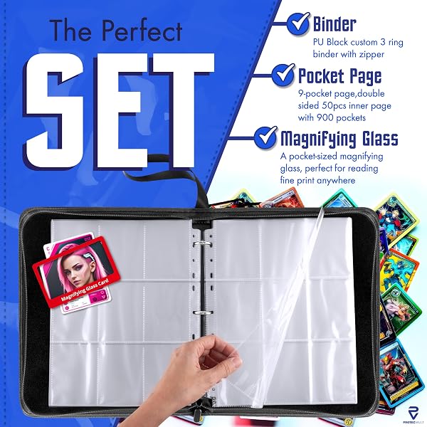 POKEMON CARD BINDER 900 POCKET WITH MAGNIFYING GLASS – TRADING CARD STORAGE ALBUM ZIPPER 3 RING FOR MTG SPORTS CARDS TCG – PREMIUM BLACK HOLDER ORGANIZER