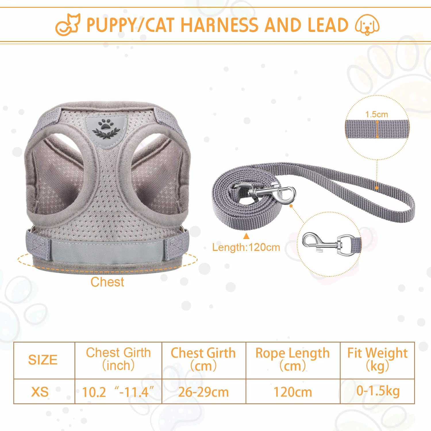 Sumind Puppy/Cat Harness and Lead Sets Escape Proof Soft Mesh Adjustable Vest Harnesses Dog Cat Pet Breathable Mesh Chest Strap for Outdoor Training Walking XS (Gray) - Image 3