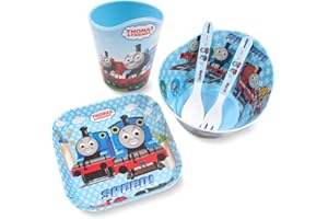 FINEX Thomas Transport Fans 5 Pcs Set Cartoon Durable Tableware Meal Dishes Mealtime Food Feeding Eating Set includes Dinner Serving Bowl Plate Cup with a Matching Spoon and Fork