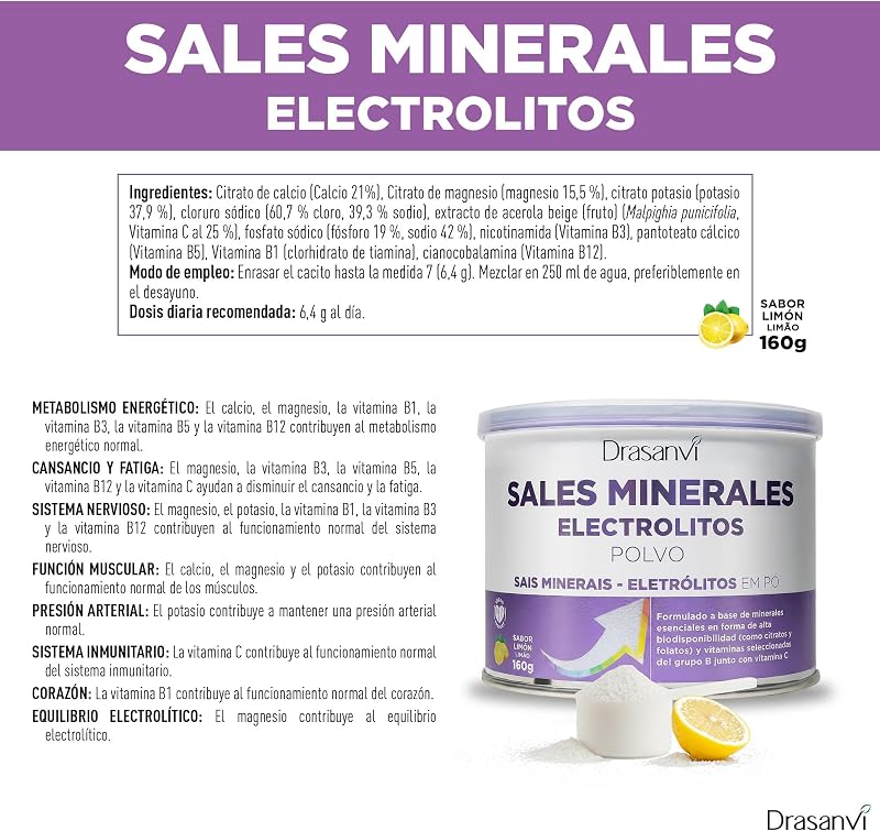 Electrolitos en Polvo Sabor Limon Drasanvi 160g con Magnesio y Potasio