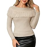 WLLW Women's Fringe Tops Juniors Boat Neck Sweater Long Sleeve Pullover Sweater Slim Fit Off Shoulder Sweaters