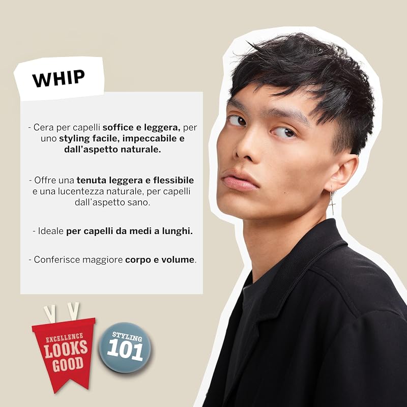 Whip, Cera Capelli Uomo, Tenuta Flessibile & Lucentezza Naturale, Dona Corpo & Volume ai Capelli, 85g