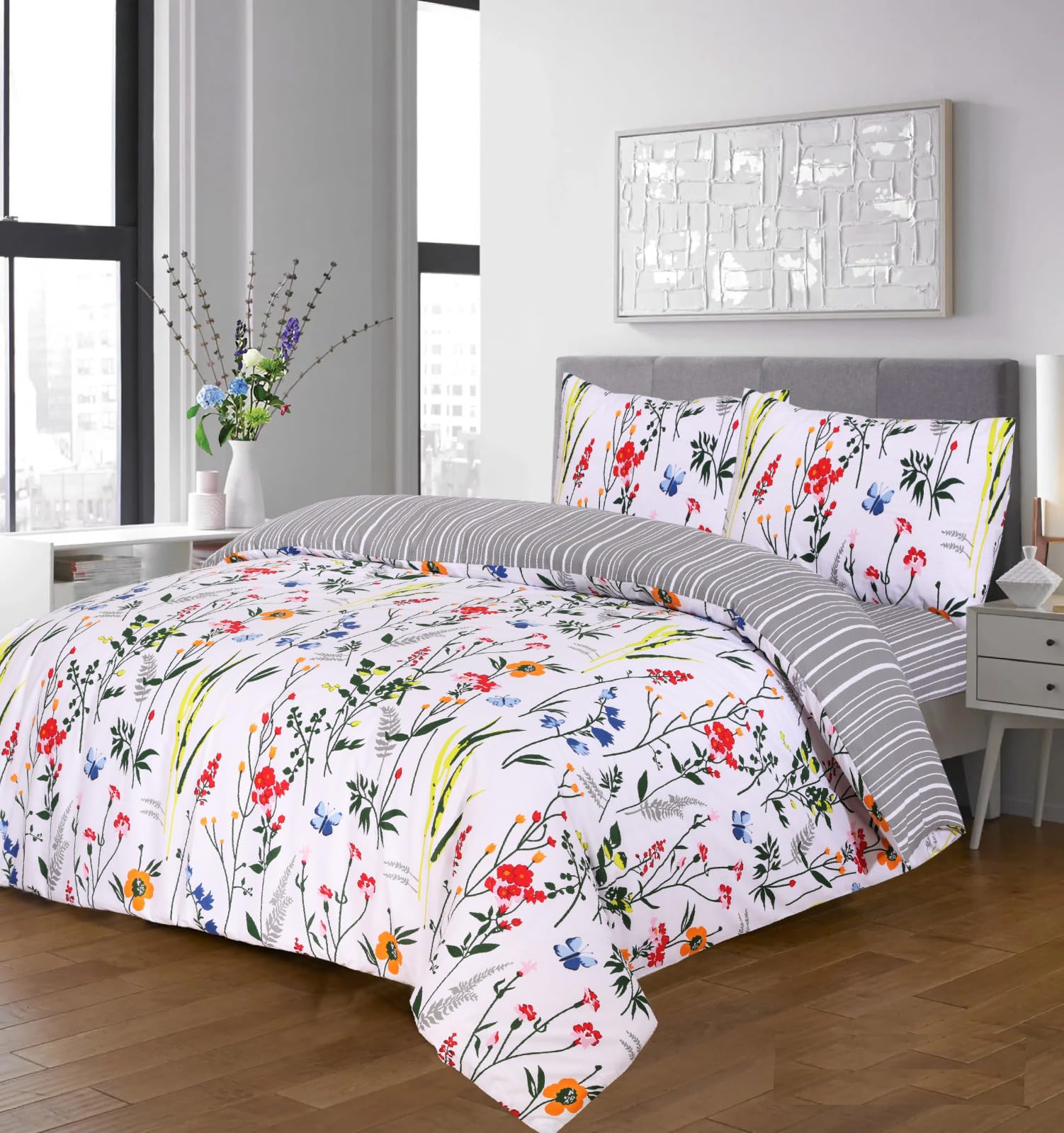 ZIMEL HOMES Fleur Duvet Cover Set with Pillow Cases and Matching Fitted Sheet Duvet Set Cotton Blend (Virginia, Double)