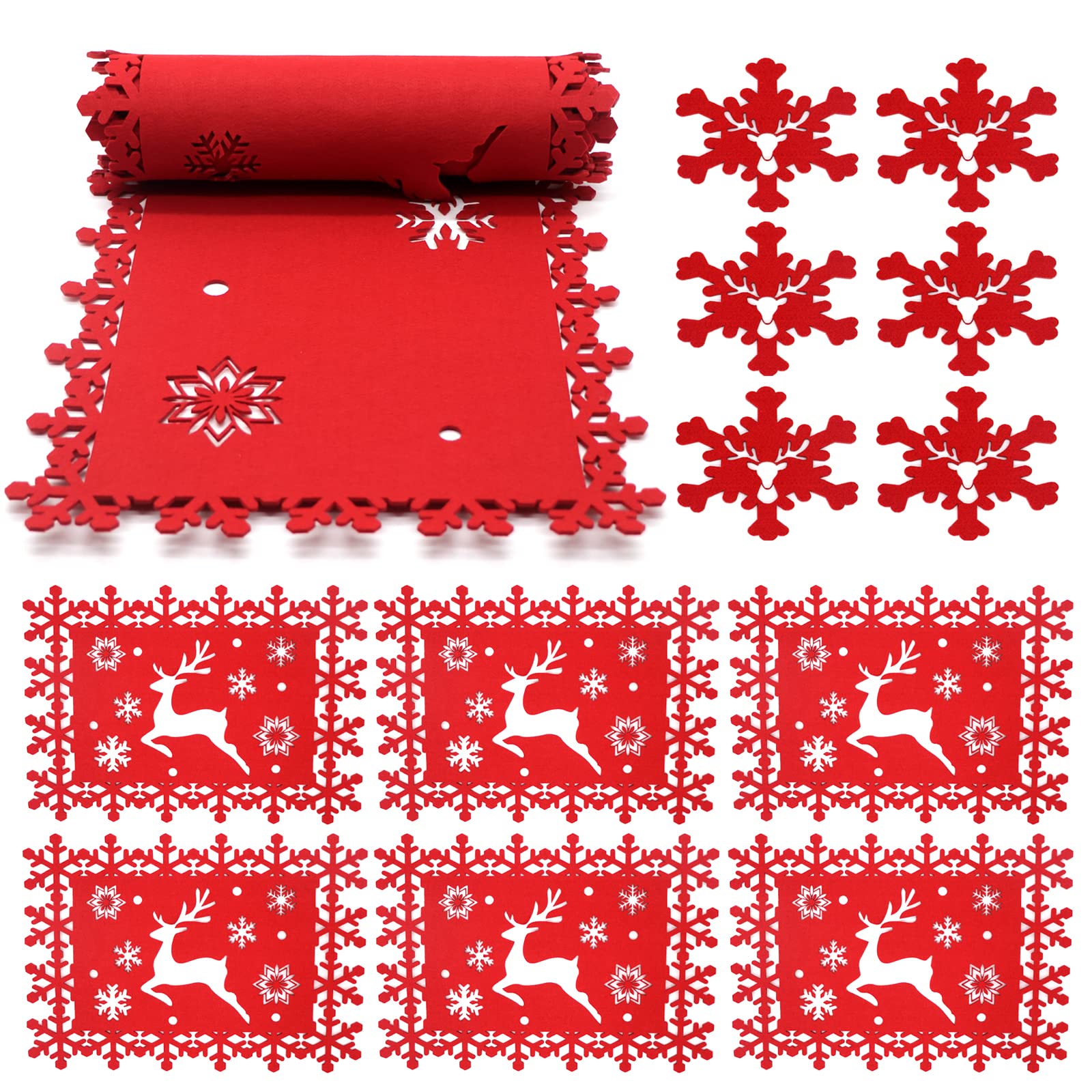 Christmas Table Decoration - 1PC Table Runner + 6PCS Table Placemats & Coasters Set for Holiday Home Party