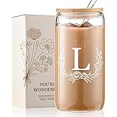 Personalized Gifts for Women, Monogrammed 16oz Glass Cups with Bamboo Lids and Straws, Customized Glass Tumbler, Cute Custom Mug, Customizable Initial Iced Coffee Glasses, Birthday Bridesmaid Mom, L