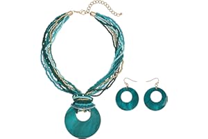 Coiris Multi Strand Statement Colorful Beaded Necklace with Big Circle Shell Pendant for Women