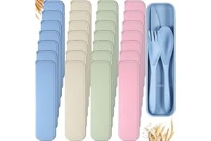 Yahenda 28 Sets Reusable Travel Utensils Set with Case Wheat Straw Cutlery Portable Spoon Knife Fork Tableware Lunch Box Accessories Bulk for Adults Travel Picnic Camping Utensils Gifts(Pastel Color)