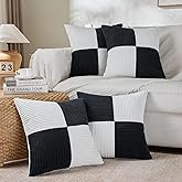 Fancy Homi Set of 4 Black and White Samll Decorative Throw Pillow Covers 18x18 Inch with for Couch Bed Sofa Living Room, Soft Cross Patchwork Striped Corduroy Modern Square Cushion Case 45x45 cm