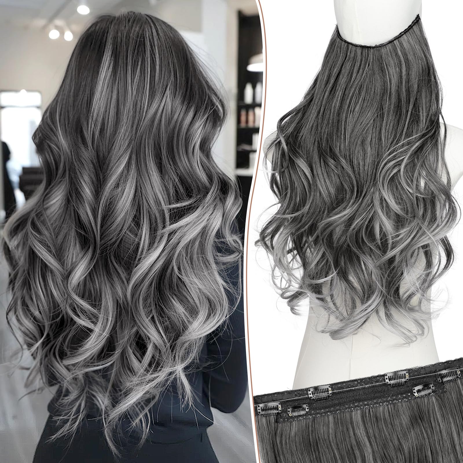 Photo 1 of KooKaStyle Invisible Wire Hair Extensions Long Wavy Layered Synthetic Hair Extensions with Transparent Wire Adjustable Size 6 Secure Clips Grey/Sliver Mixed Hairpieces for Women 20 Inch