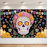 Avezano Day of The Dead Backdrop Dia De Los Muertos Banner 6 x 3.6 ft | Polyester Fabric, Mexican Fiesta Dia DE Los Muertos Party Decorations Skull Marigold Candle Day of The Dead Banner Supplies