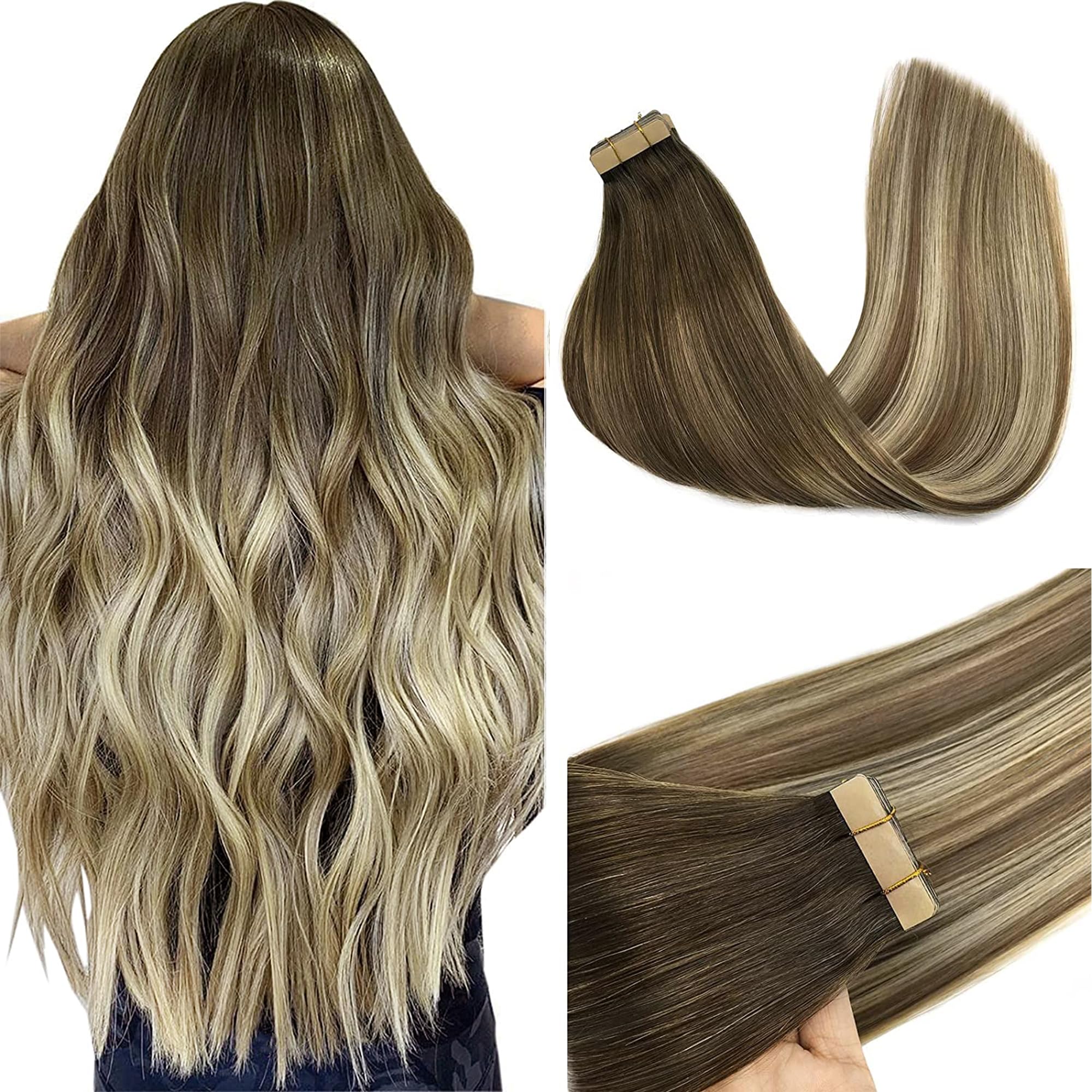 GOO GOO Tape in Hair Extensions human hair, tape Hair Extensions, 14inch 50g 20pcs, Human Hair Extensions, (T3/8)613 Blonde Ombre