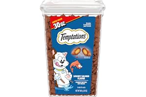 Temptations Classic Crunchy and Soft Cat Treats, Savory Salmon, 30 oz | Crunchy outside, soft inside, under 2 calories per treat, 100% complete & balanced for adult cats, resealable stay-fresh tub