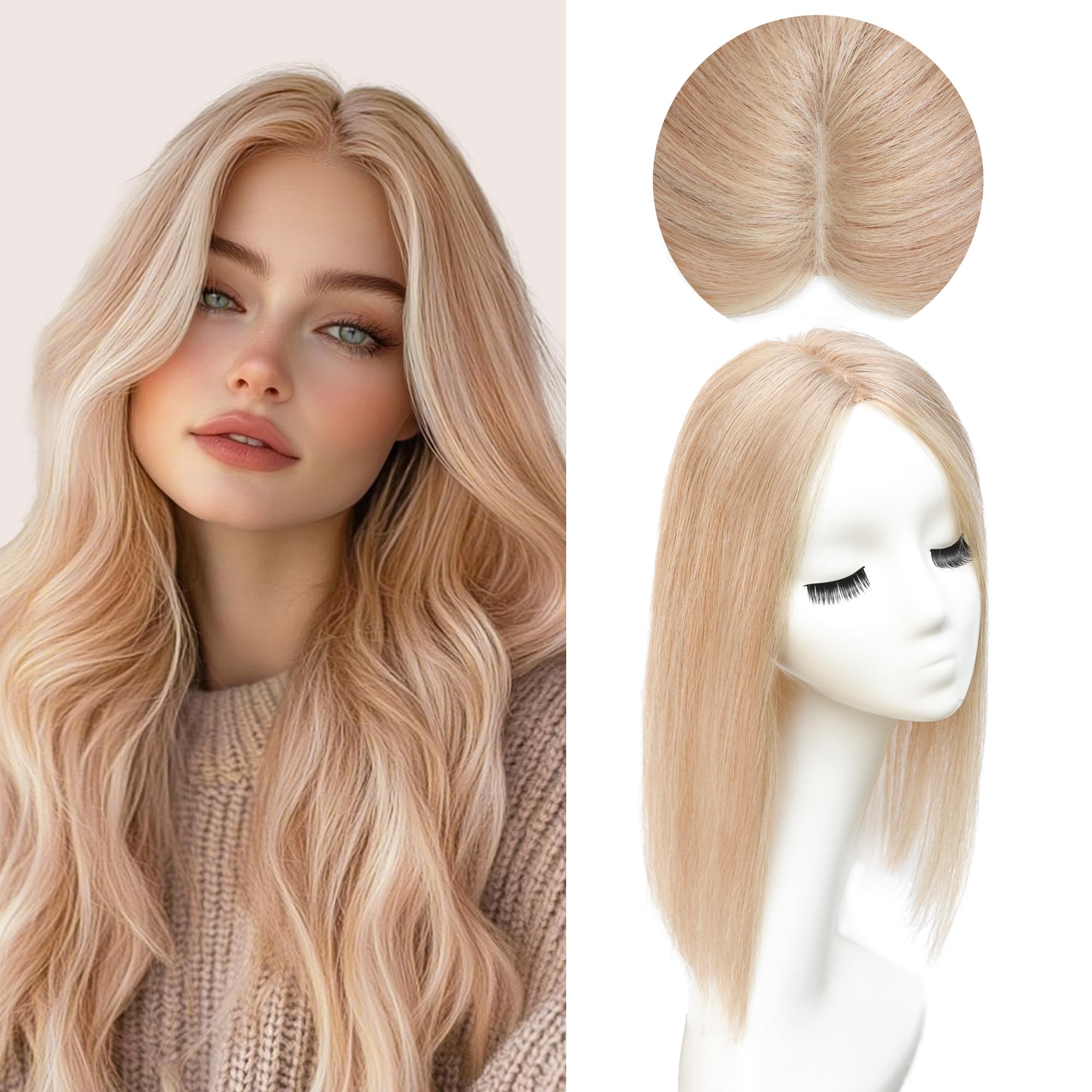 Photo 1 of viviaBella Hair Toppers no Bangs, Natural-Looking Clip in Real Human Hair Toupee for Women with Thinning Hair Hand-tied Mono Swiss Lace Base Big Coverage 12 Inch Hairpieces (613-10-14H, 4.7"X4.3")