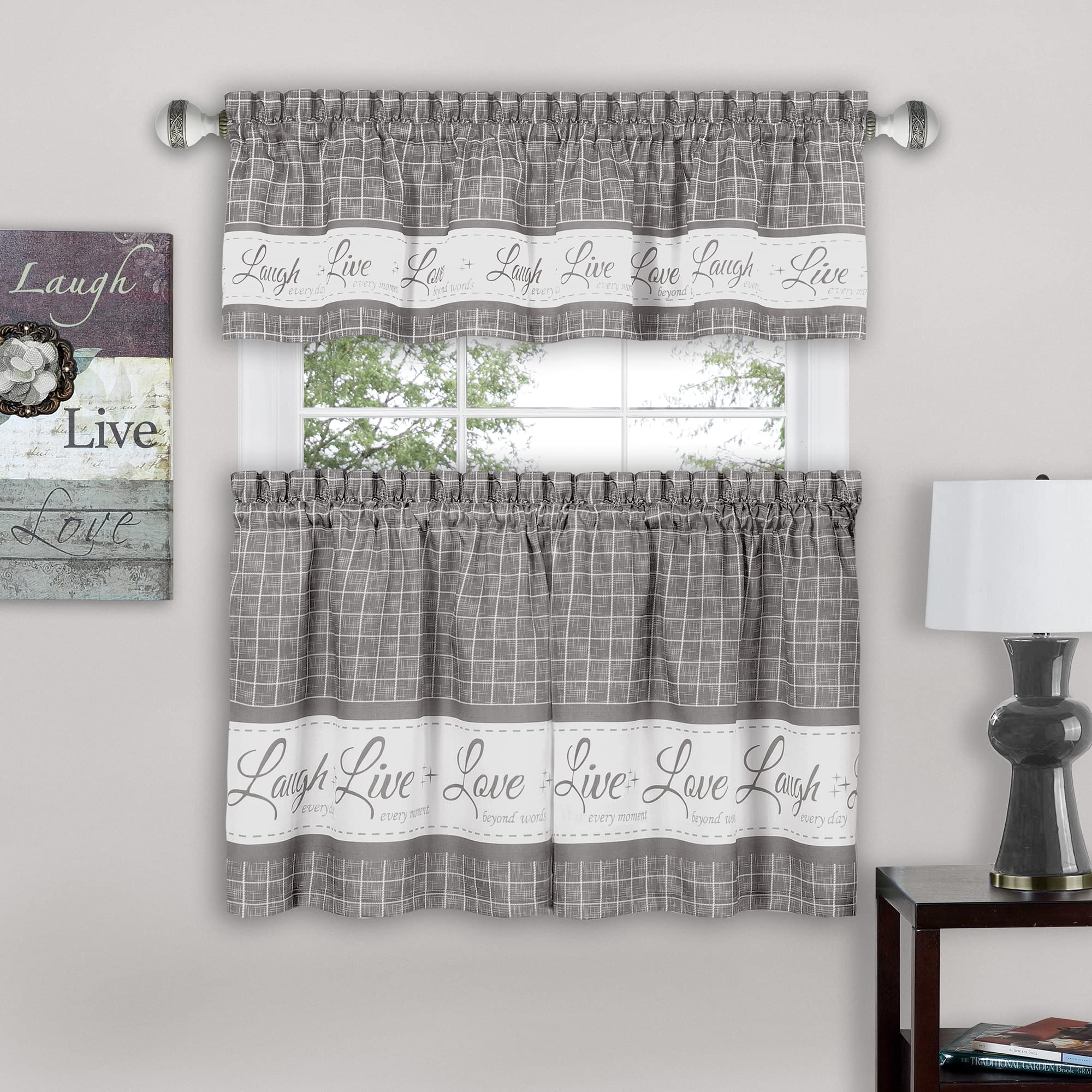ACHIM Tier and Valance Window Curtain Set - 58 Inch Width, 24 Inch Length - Live, Love, Laugh (Grey) - Light Filtering Drapes for Kitchen, Bedroom, Living & Dining Room Home Decor