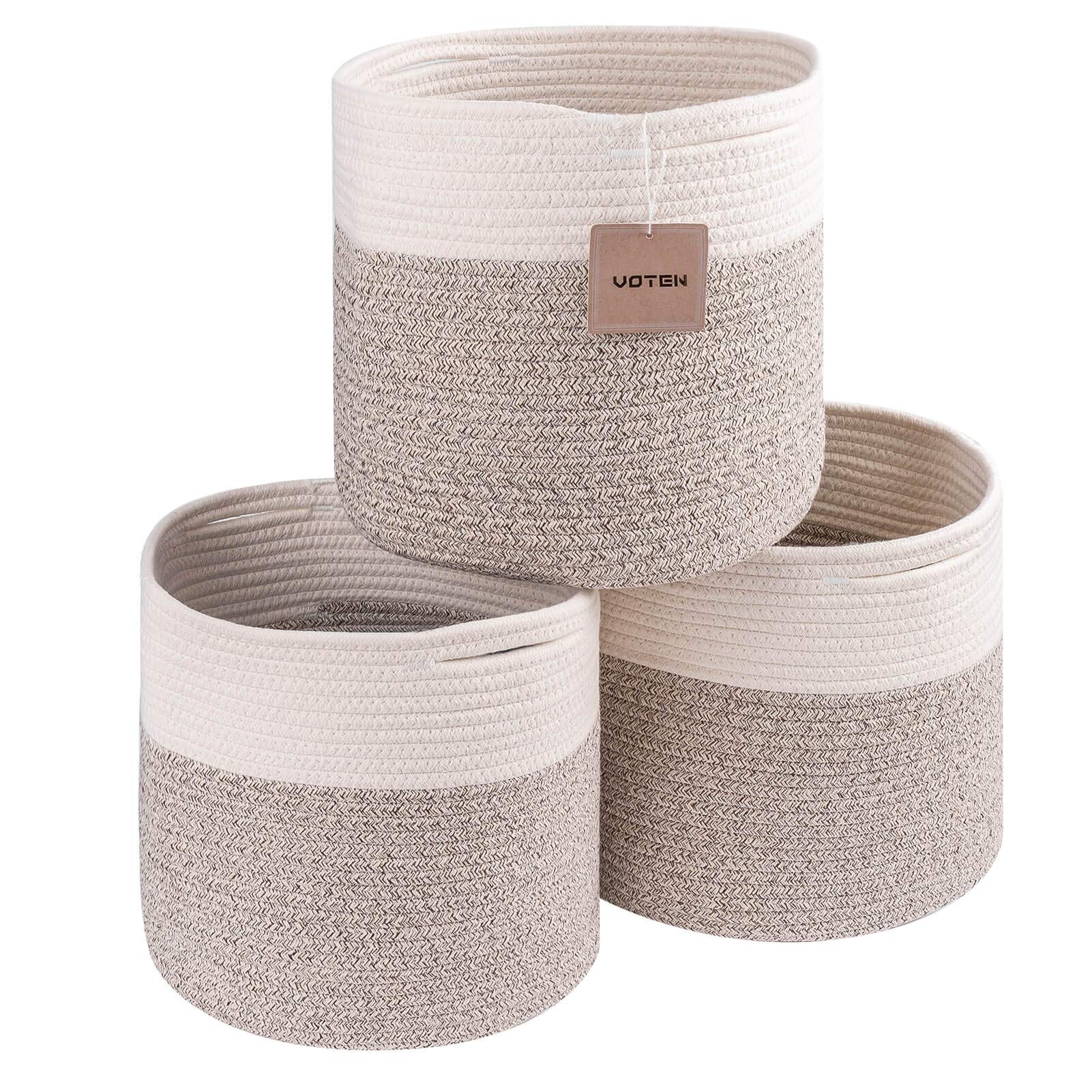 Photo 1 of voten Storage Cubes Baskets Bins Organizer 11x11x11'' Fit 12x12''Cube Storage Organizer Bookcases Shelves,Durable Woven Cotton Storage Basket for Organizing,Round 3Pack Off White/Light Brown