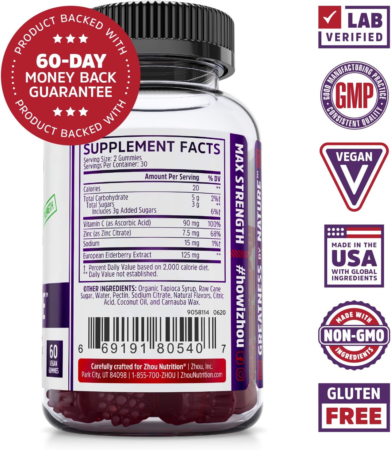 Zhou Nutrition Elder-Mune Sambucus Elderberry Gummies - Antioxidant Flavonoids, Immune Support Gummy Vitamins, Zinc Supplement & Vitamin C Supplement: Health & Personal Care
