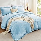 FUANNA Queen Comforter Set Light Blue, 3 Pieces Ruffle Queen Bed Set, Fluffy Bed in a Bag Queen for All Seasons, Shabby Chic Bedding Comforter Sets with 1 Lightweight Comforter & 2 Pillowshams