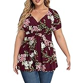 TIANZHU Women's Plus Size Dressy Tops Wrap Shirt Short Sleeve Tunic Top V Neck Low Cut Cute Blouse