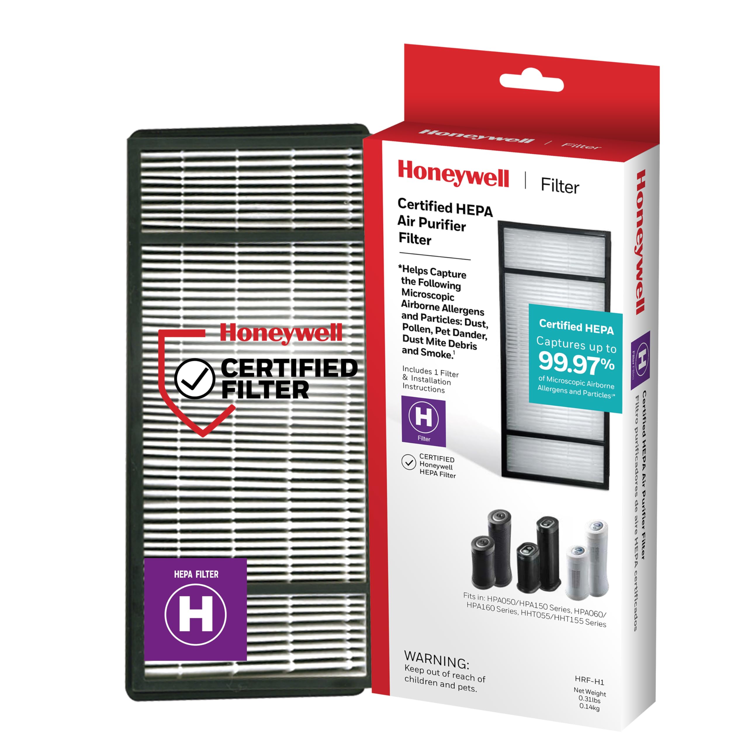 Honeywell HRF-H1 HEPA Air Purifier Filter H, 1-Pack – for HPA050/150, HPA060 & HPA160 Series – Airborne Allergen Air Filter Targets Wildfire/Smoke, Pollen, Pet Dander, and Dust