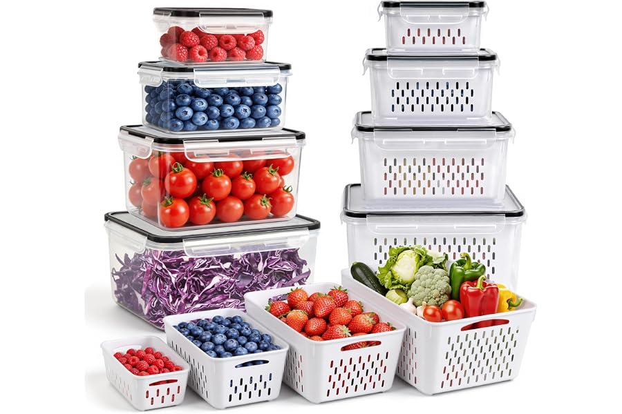 8 PCS Fruit Storage Containers for Fridge, Leakproof Produce Containers for Fridge with Removable Colander, Microwave/Dishwasher Safe Fruit Washing Bowl Keep Fruits, Vegetables, Berry Fresh longer