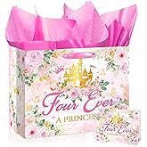 Peconal 4th Birthday Gift Bag Four Ever a Princess Birthday Decorations Four Ever a Princess Gift Wrapping Paper Bag with Tissue Paper and Greeting Card for 4 Year Old Party Favors Supplies