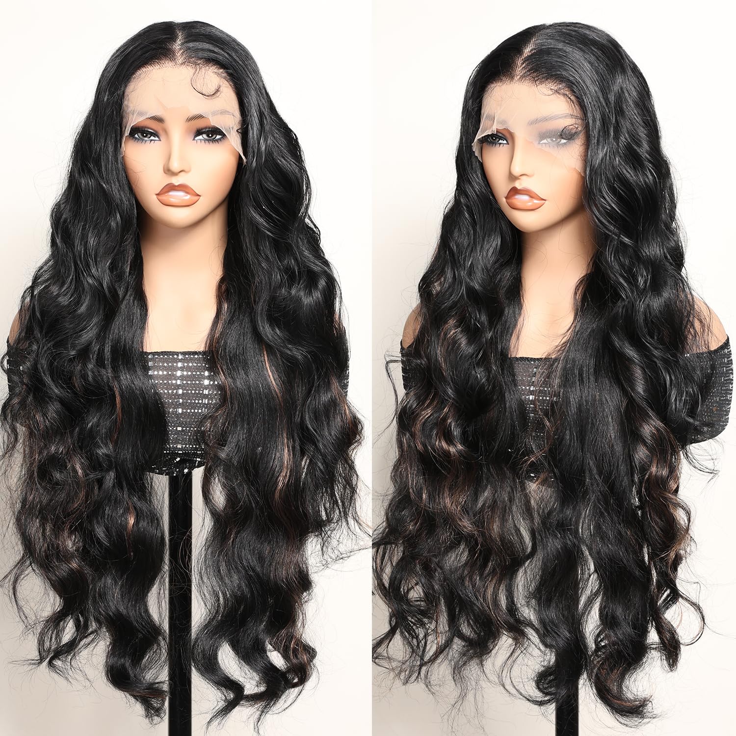 Photo 1 of SOKU Body Wave Lace Front Wig Synthetic, 13x6 HD Transparent Lace, Pre-Plucked with Baby Hair, 32 Inch Long Wave Black with Brown Highlights Lace Frontal Wigs for Black Women