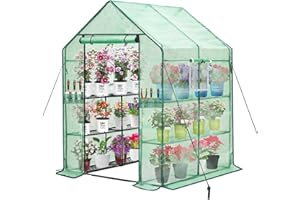 Purlyu Walk-in Greenhouse w/ Roll-Up Zipper Door & Screen Windows-3 Tiers 12 Shelves 56x56x76“ PE Greenhouse for Outdoor Gardening Plants Cold Frost Protection Wind Rain Proof(PLGHW002G-N)