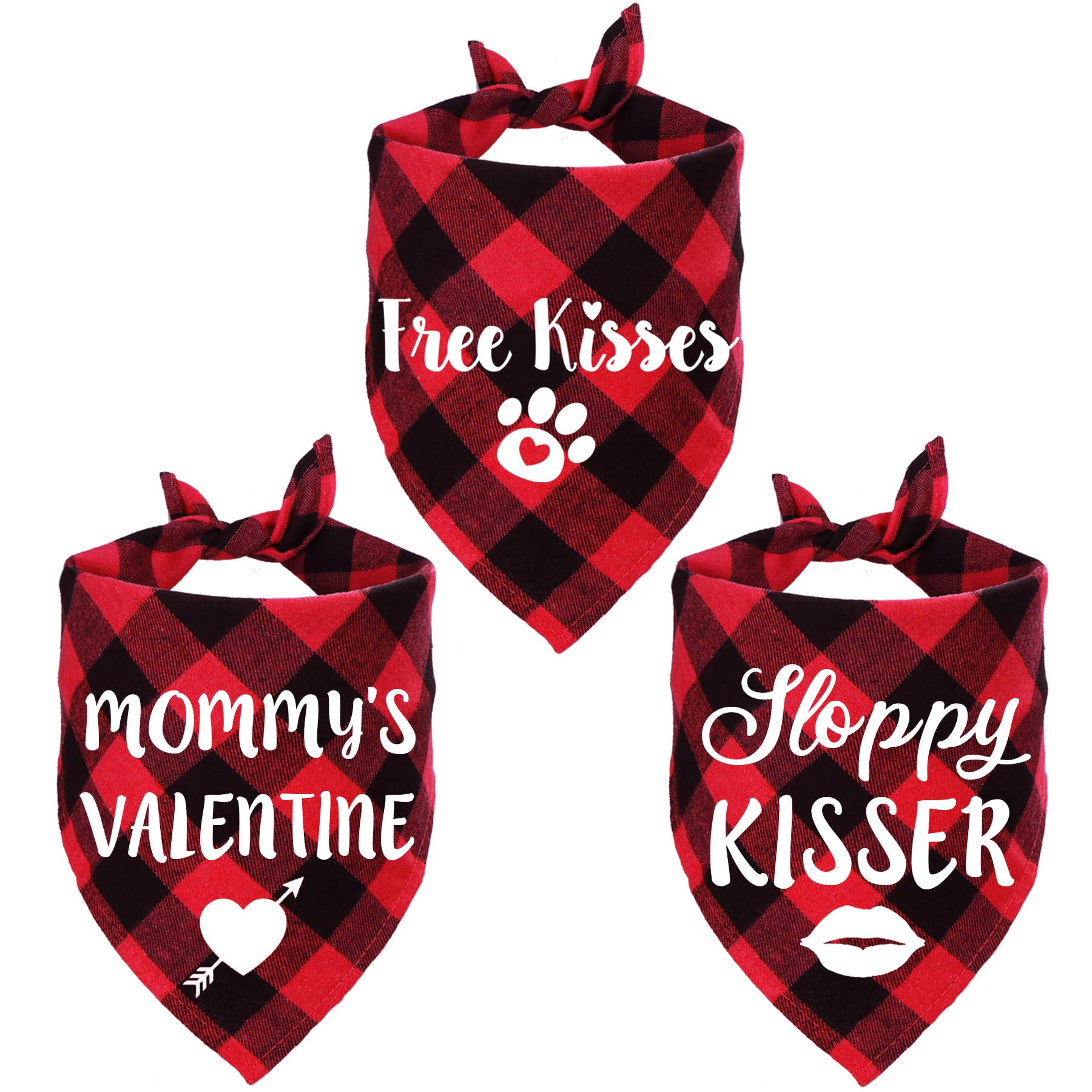 STMK 3 Pack Valentine's Day Dog Bandanas, Valentine's Day Plaid Dog Puppy Bandana for Dog Puppy Valentine's Day Wedding Holiday Party Decorations (Red, Free Kisses & Mommy's Valentine & Sloppy Kisser)