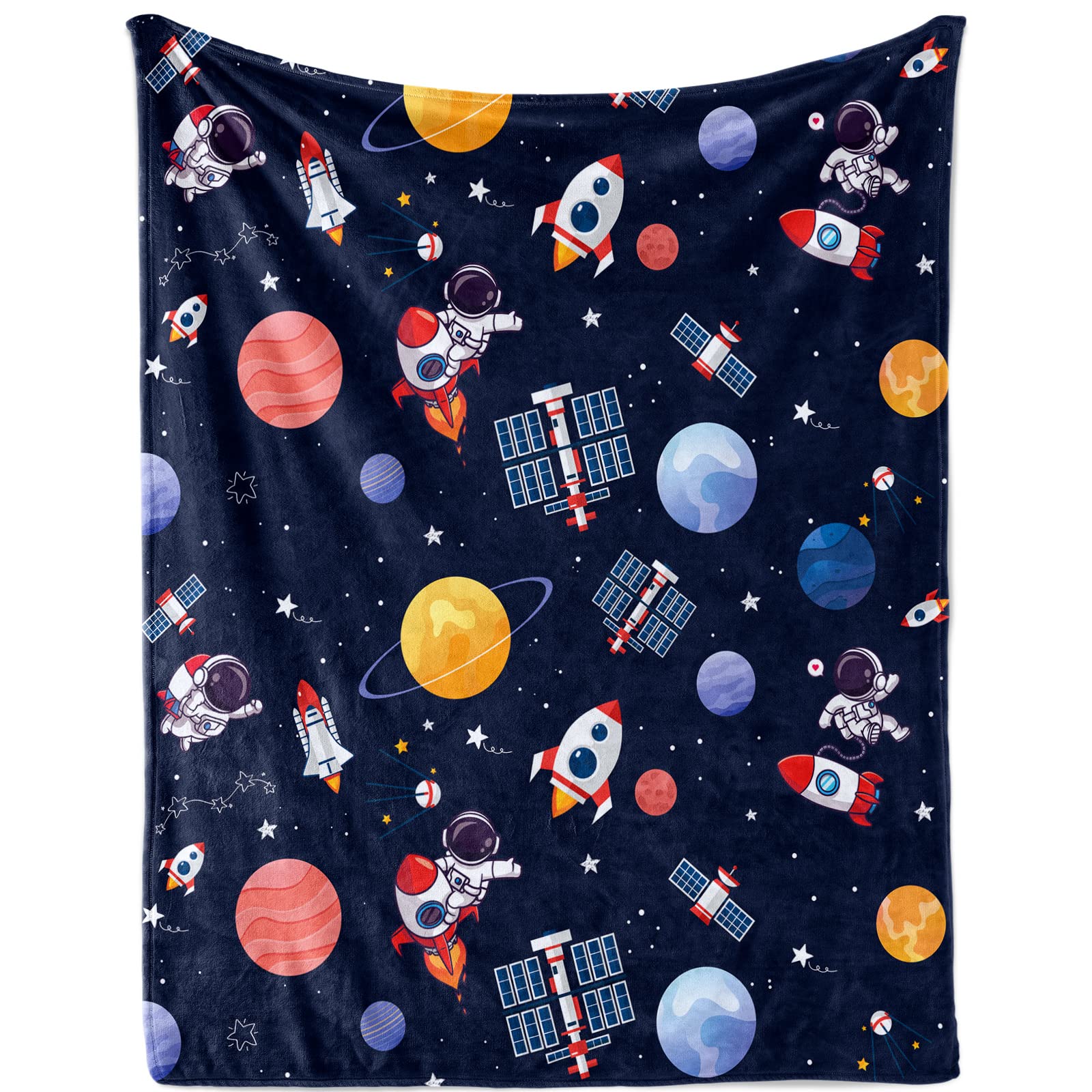 Outer Space Blanket for Boys, Soft Space Astronaut Theme Plush Flannel Blanket for Nursery Baby Crib, Cozy Navy Blue Rocket Galaxy Planet Fluffy Throw Blanket Gift for Kids Newborn Toddler, 80 x 120cm